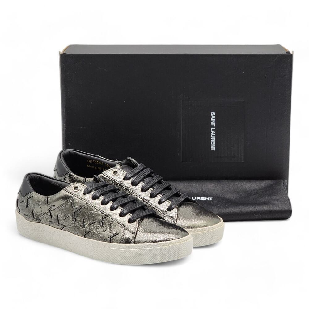 Saint Laurent Court Stars Leather Sneakers Silver EU 36.5 US 6.5 - New $750